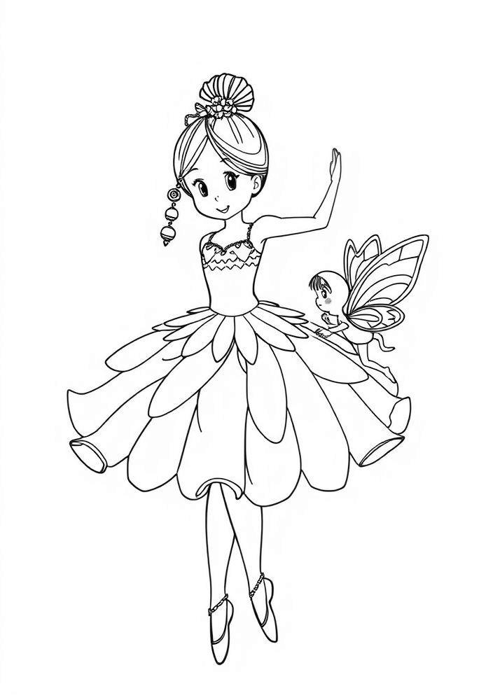 Desenho de Bailarina com Fada ao Lado para Colorir
