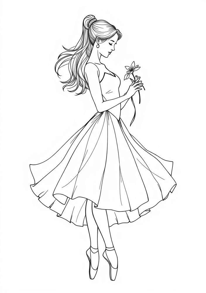 Desenho de Bailarina com Flor na Mão para Colorir