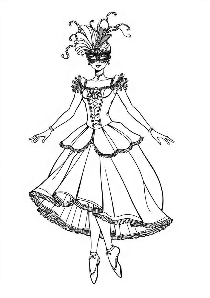 Desenho de Bailarina com Máscara e Fantasia para Colorir