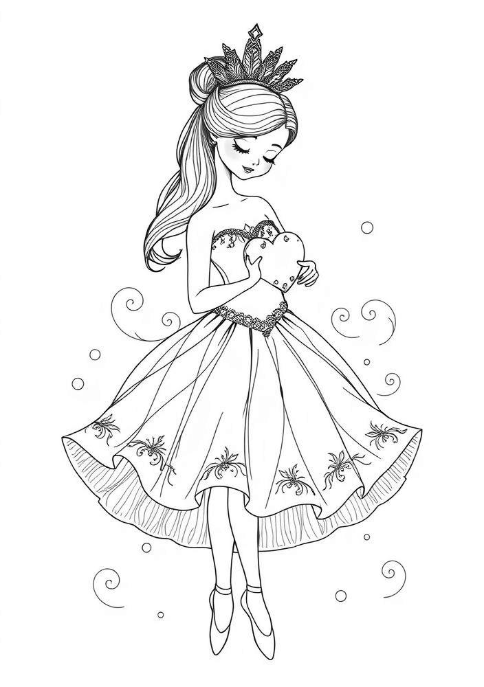Desenho de Bailarina com Tiara e Coração para Colorir