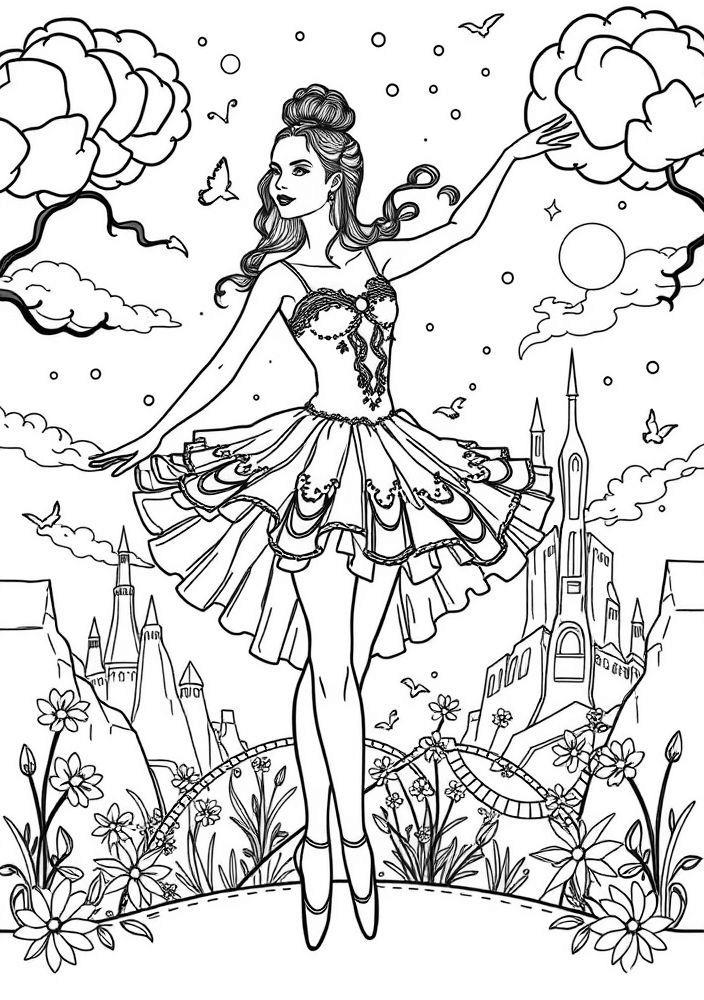 Desenho de Bailarina com um Sonho Encantado ao Fundo para Colorir