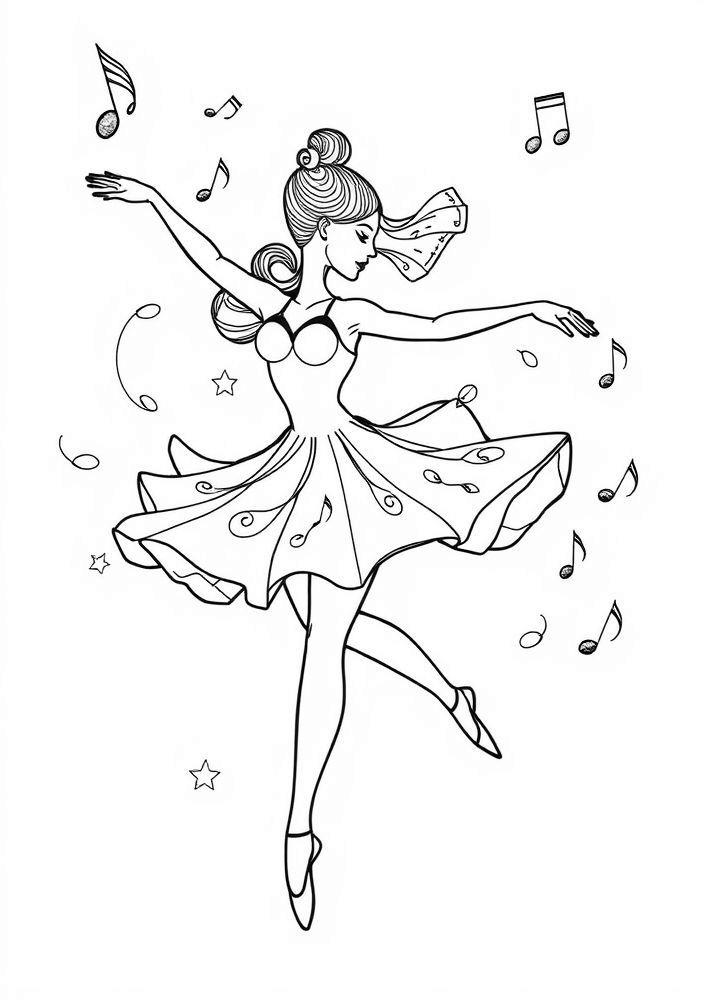 Desenho de Bailarina em movimento com Música para Colorir