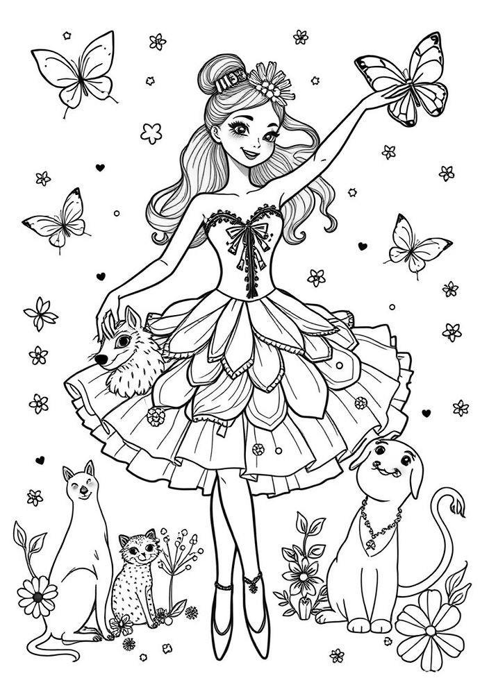 Desenho de Bailarina em um Balé com Animais Fantásticos para Colorir