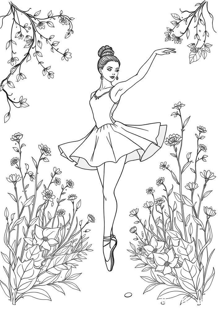 Desenho de Bailarina em um Jardim para Colorir