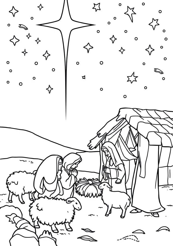 Desenho de Belém com pastores e estrelas para colorir