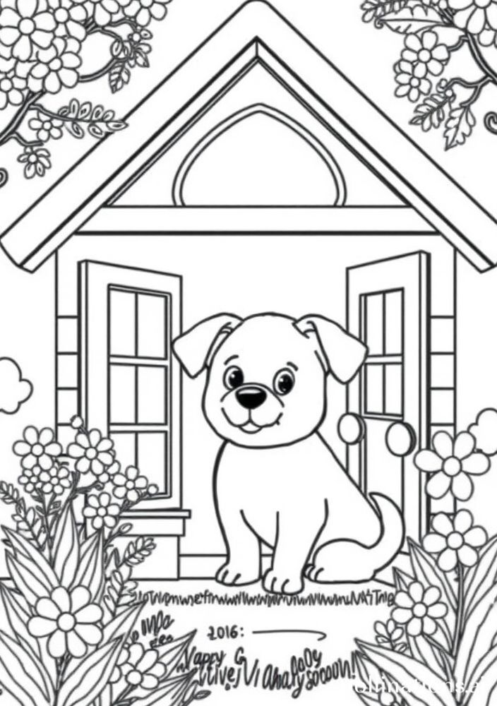 Desenho de Bichinho de Estimação em uma Casinha para colorir