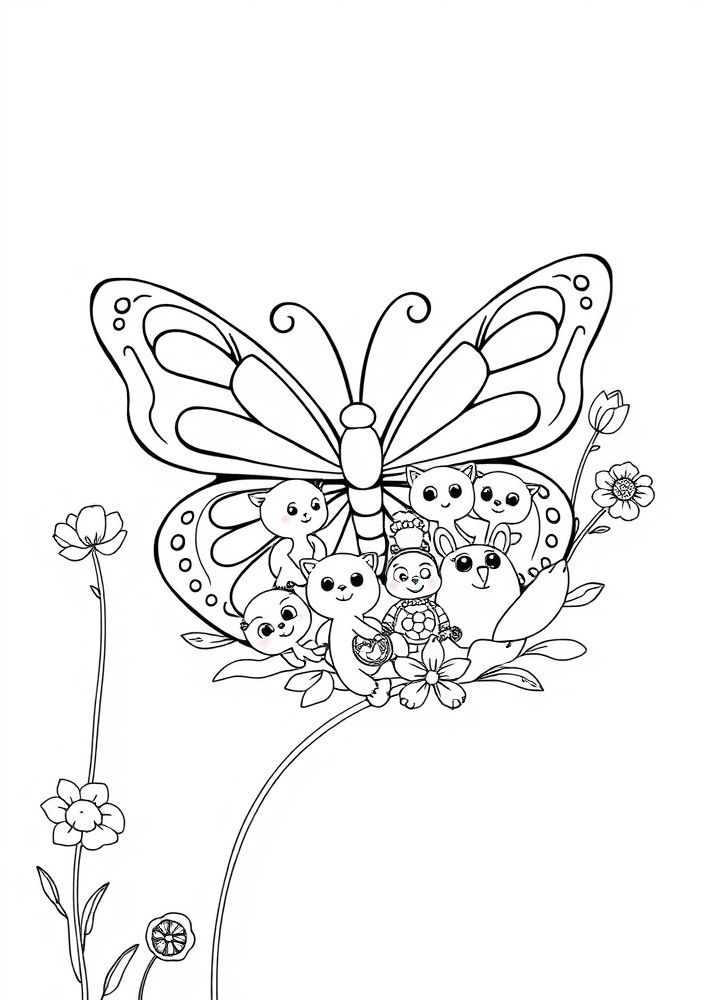 Desenho de Borboleta com Animais Amigas para colorir