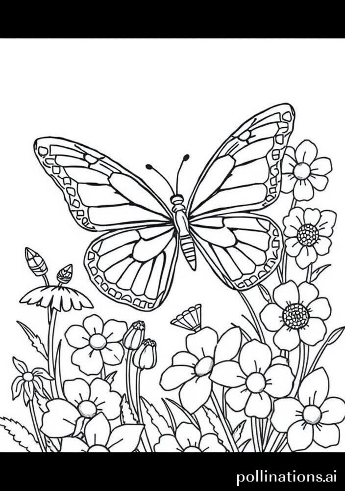 Desenho de Borboleta em um Jardim Florido para colorir