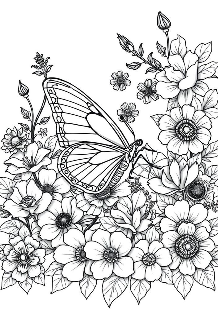 Desenho de Borboleta em um Jardim Florido para colorir