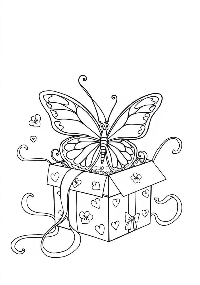 Desenho de Borboleta em uma Caixa de Presentes para colorir