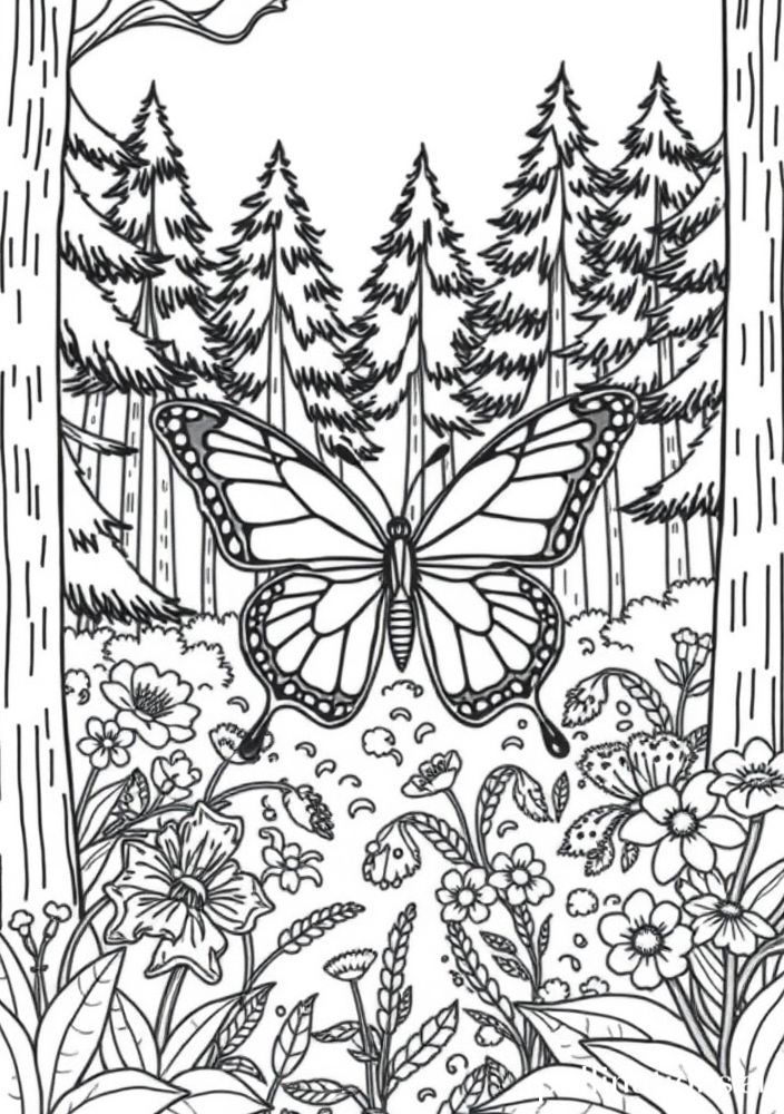 Desenho de Borboleta na Floresta para Colorir