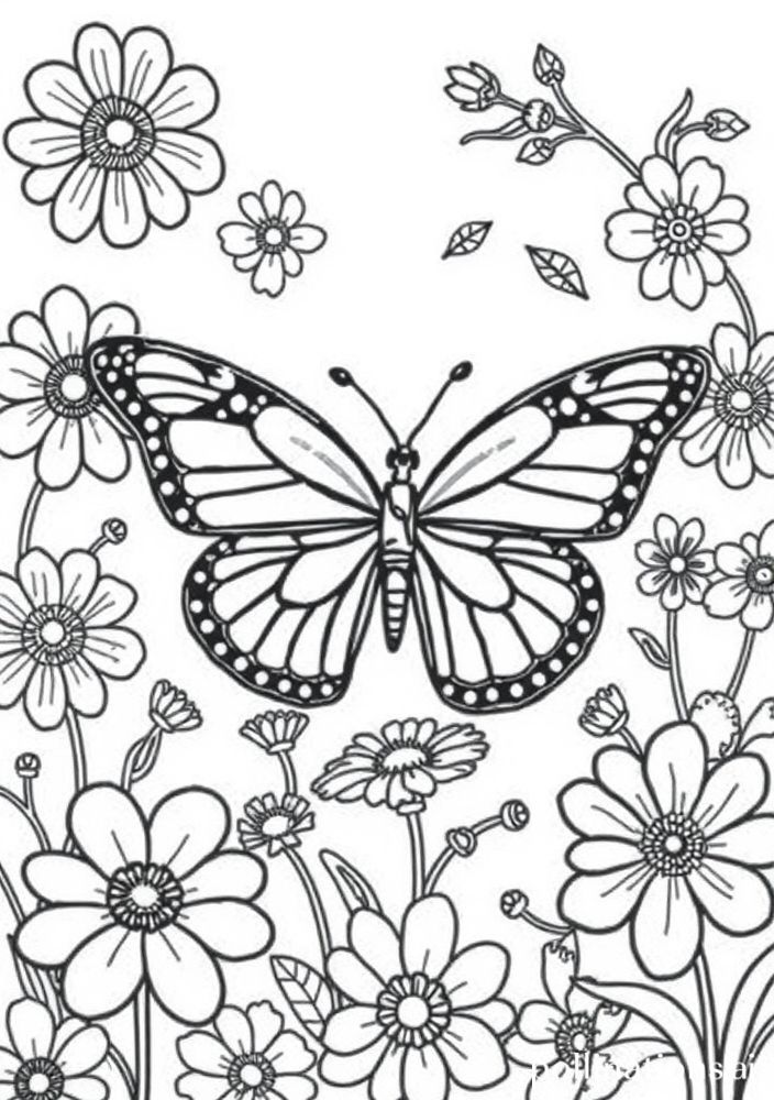 Desenho de Borboleta nas Flores do Jardim para Colorir