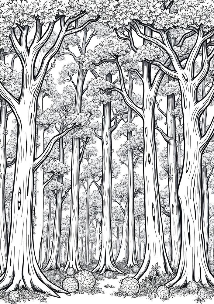 Desenho de Bosque com Várias Árvores para Colorir