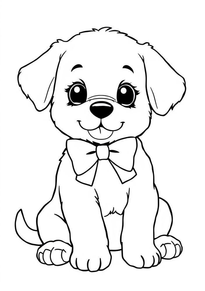Desenho de Cachorrinho fofo com um laço para colorir