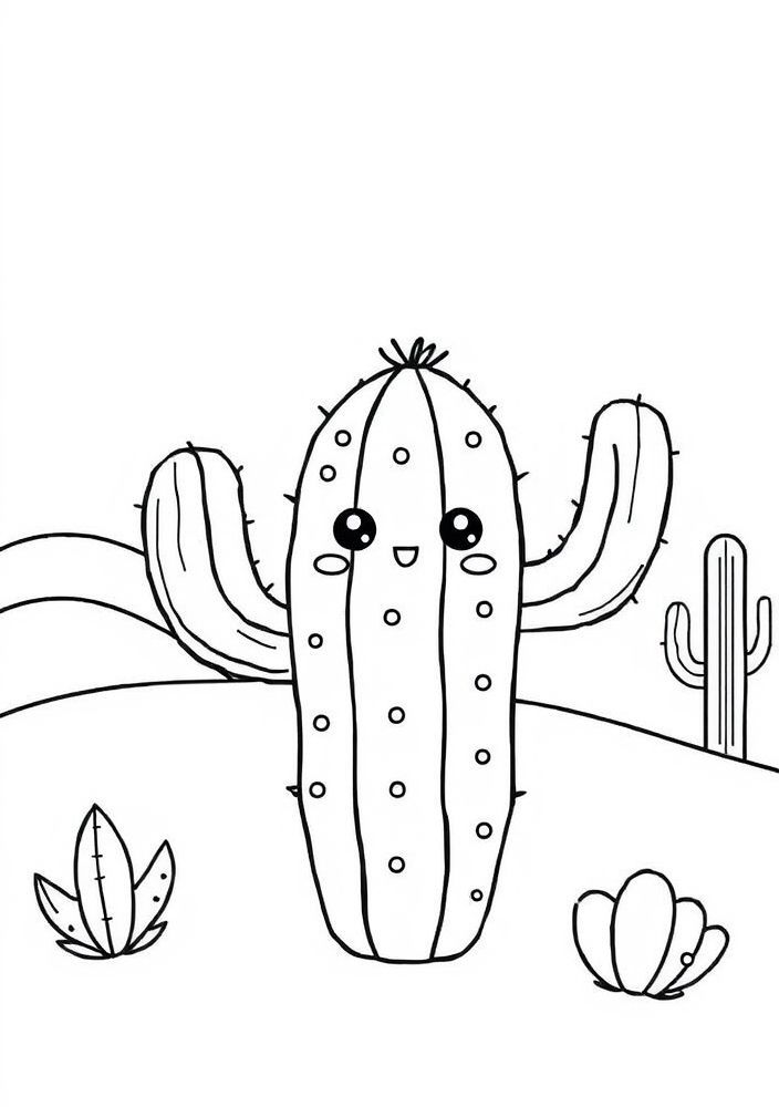 Desenho de Cacto Kawaii num Deserto para colorir