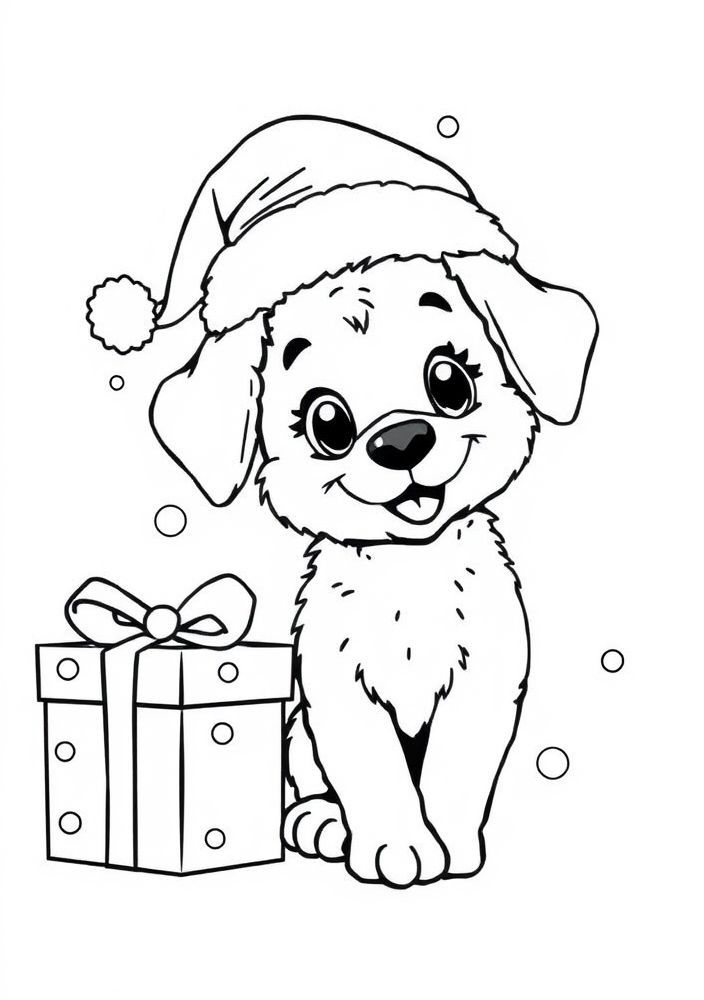 Desenho de Cão de Natal com Chapéu para Colorir