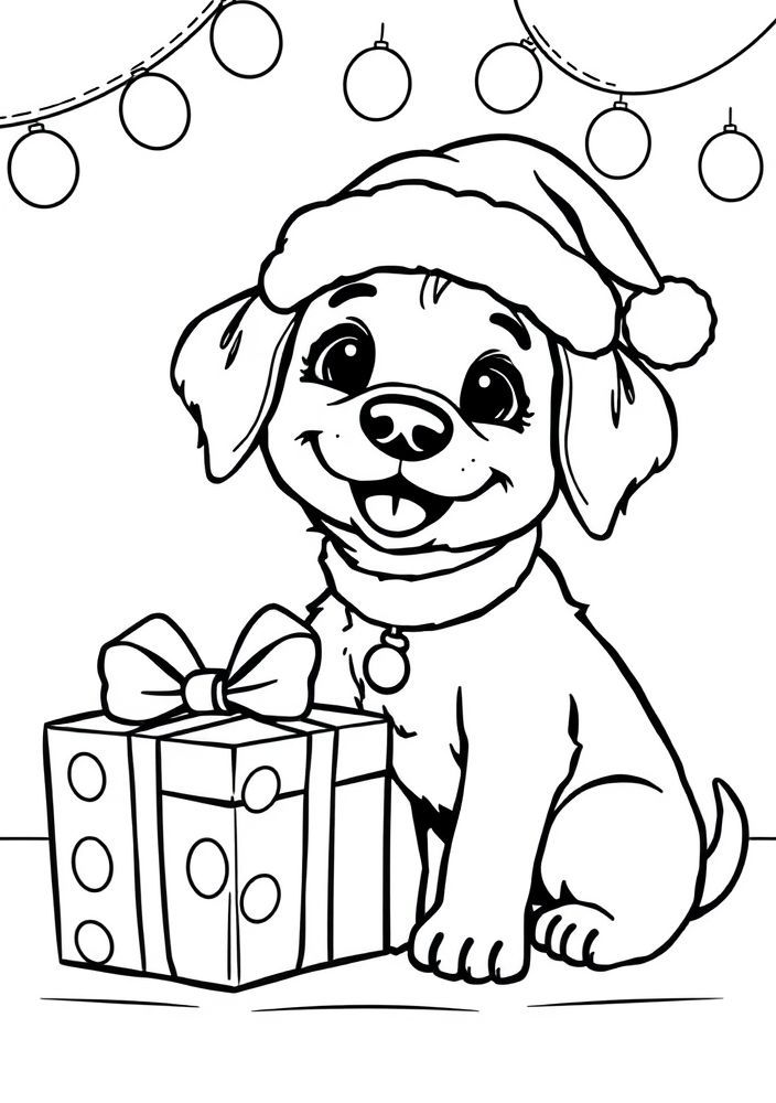 Desenho de Cão de Natal com Chapéu para Colorir