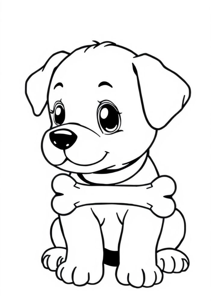 Desenho de Cãozinho Kawaii com ossinho para colorir
