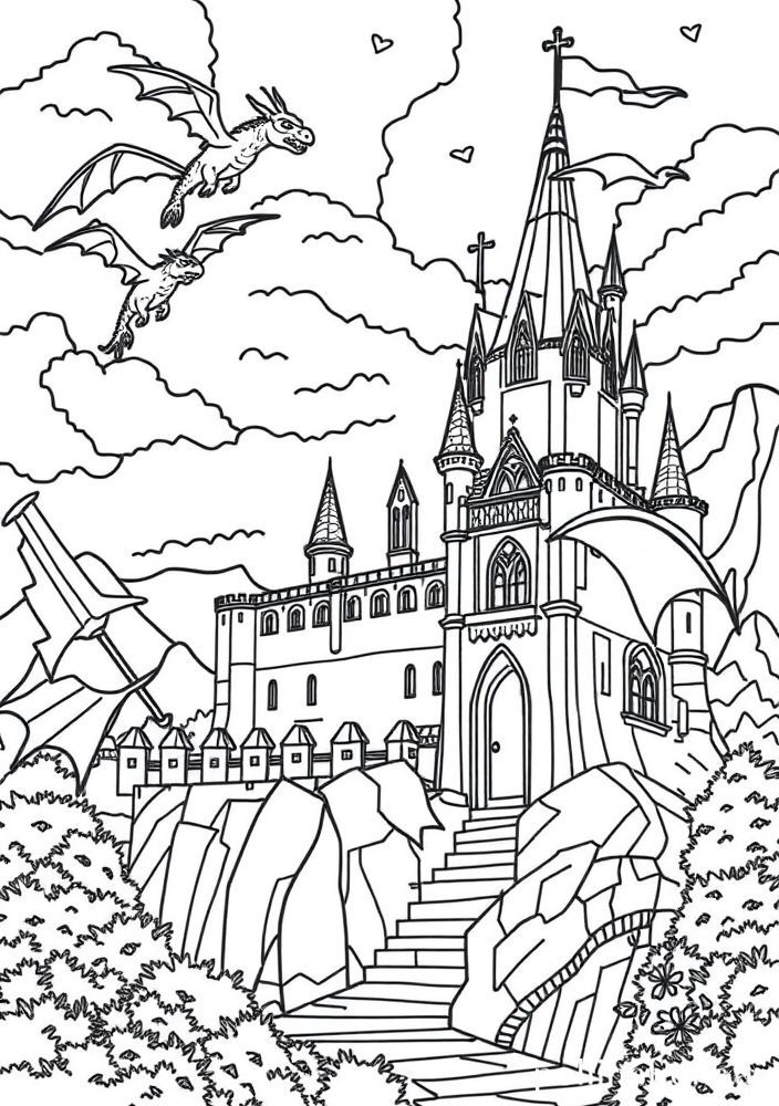 Desenho de Castelo com Dragões para Colorir