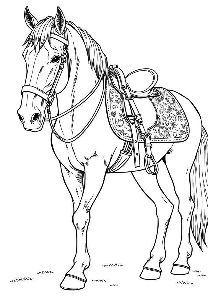 Desenho de Cavalo com Sela e Roupas para colorir