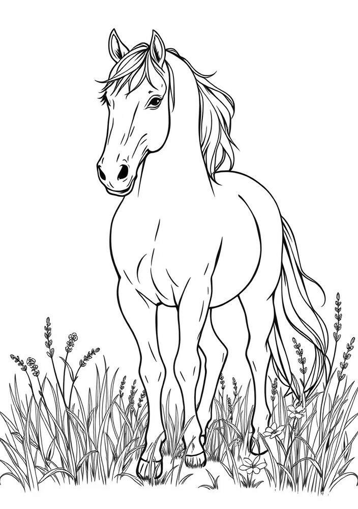 Desenho de Cavalo em um Prado para Colorir