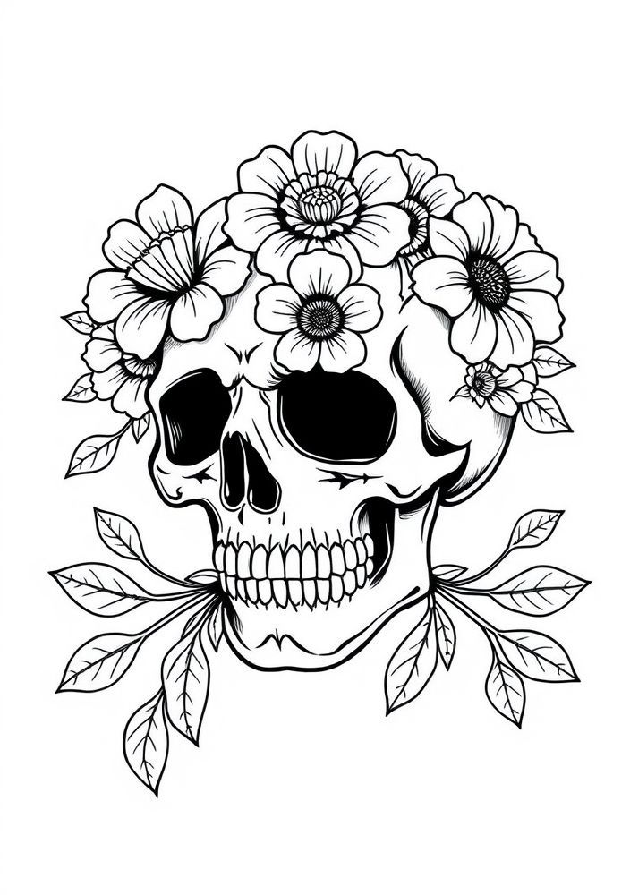 Desenho de Caveira de Halloween com Flores para colorir