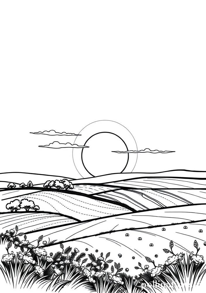 Desenho de Cena do Campo ao Entardecer para Colorir