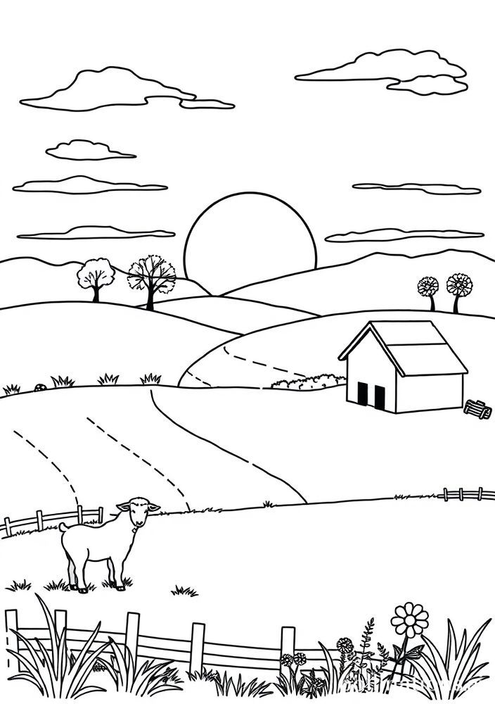 Desenho de Cenário da Fazenda ao pôr do sol para colorir