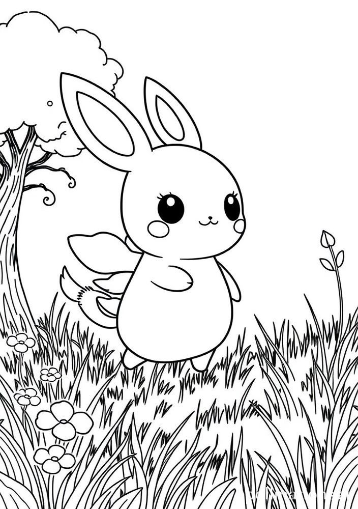 Desenho de Chikorita em um ambiente natural para colorir
