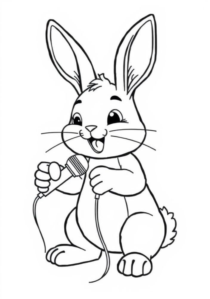 Desenho de Coelho Cantor com Microfone para Colorir