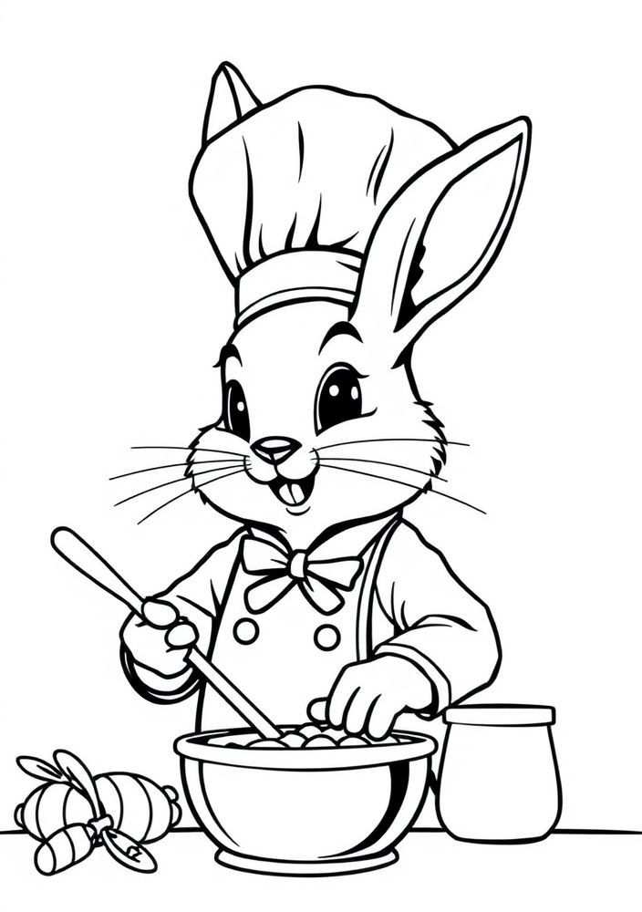Desenho de Coelho Chef Cozinhando para Colorir