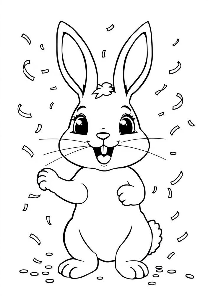 Desenho de Coelho Comemorando com Confetes para Colorir