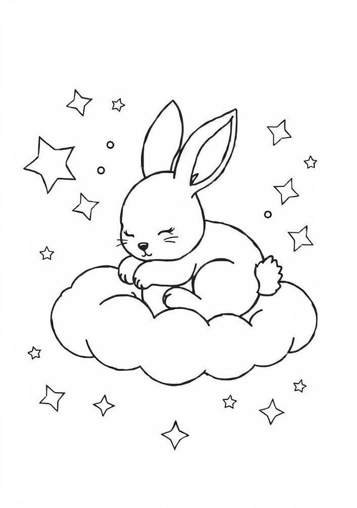 Desenho de Coelho Dormindo em uma Nuvem para colorir