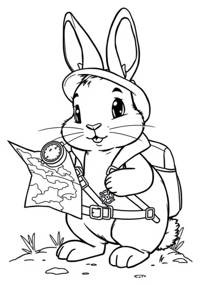 Desenho de Coelho Explorador com Mapa para colorir