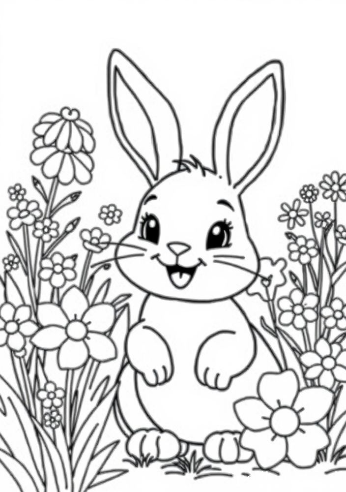 Desenho de Coelho Feliz em um Jardim para colorir