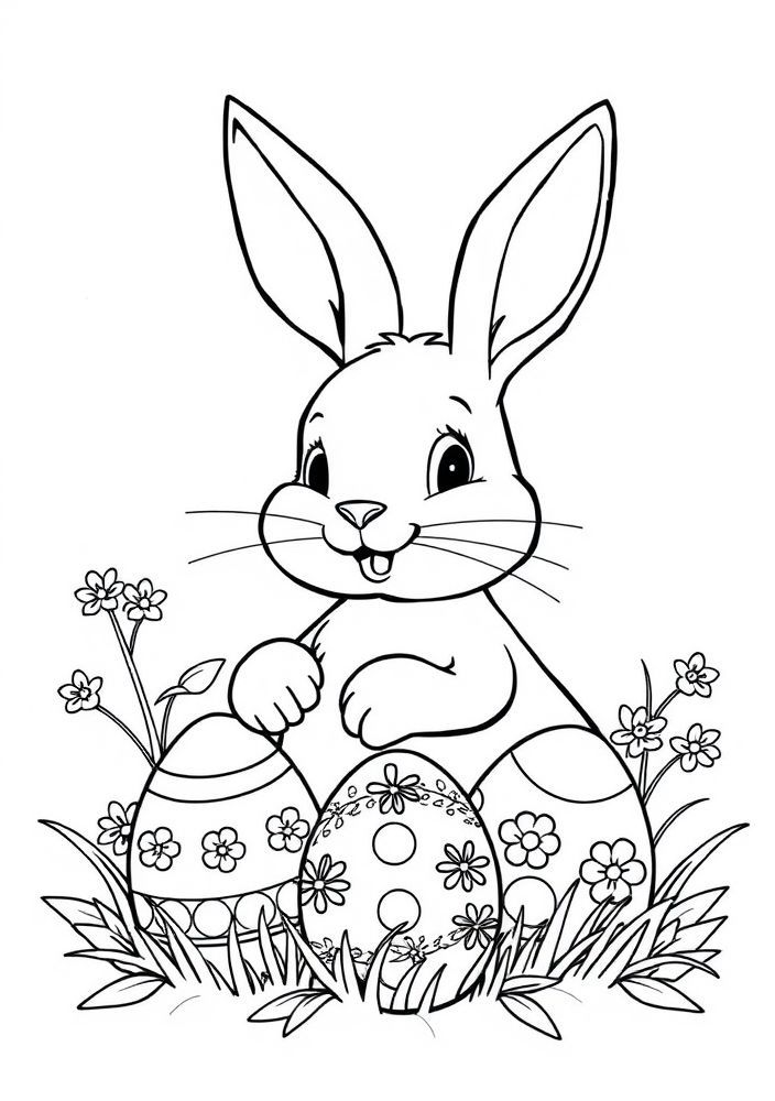 Desenho de Coelho Páscoa com Ovos para Colorir