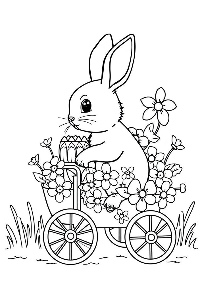 Desenho de Coelho com Carrinho de Flores para Colorir