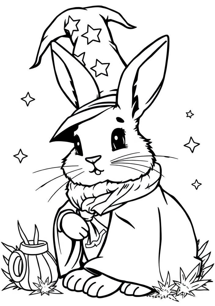 Desenho de Coelho com Chapéu de Magia para Colorir