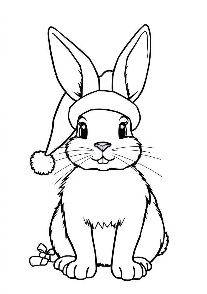 Desenho de Coelho com Chapéu de Natal para Colorir