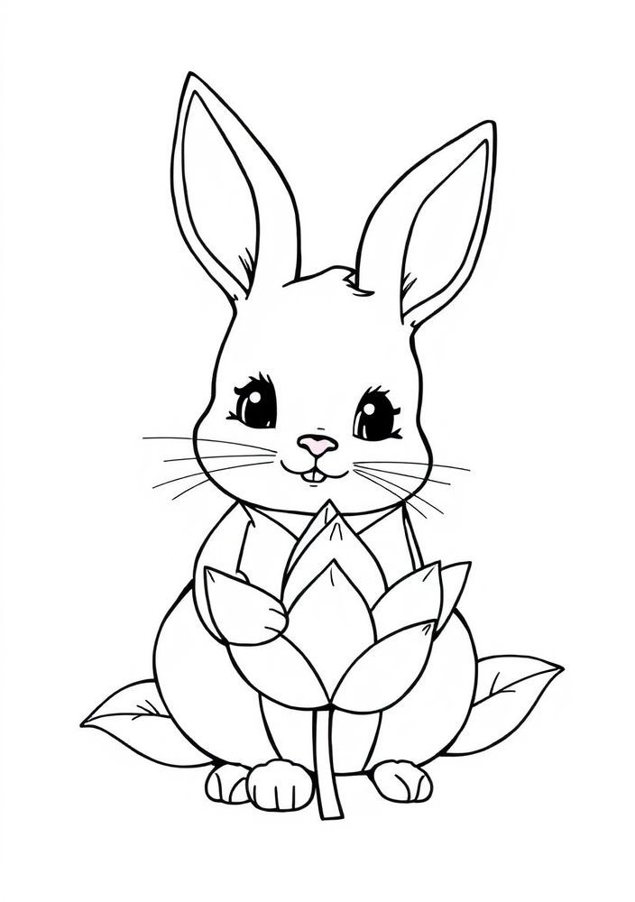 Desenho de Coelho com Flor de Lótus para Colorir