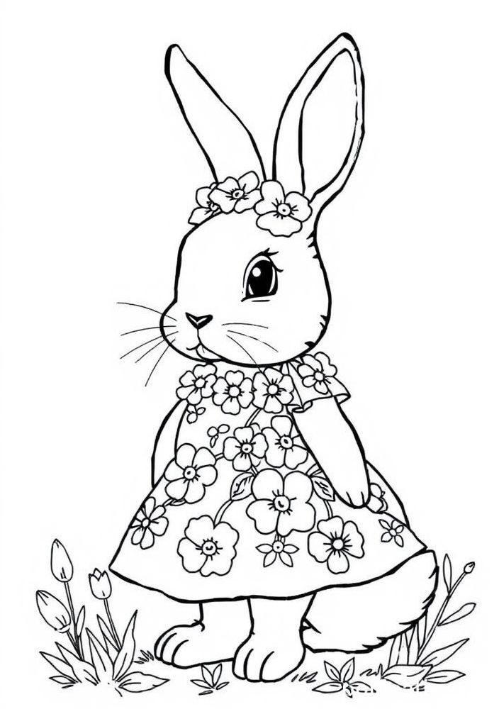 Desenho de Coelho com Vestido Floral para colorir