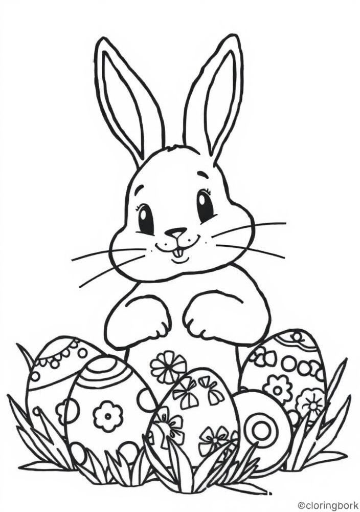 Desenho de Coelho de Páscoa com ovos para colorir