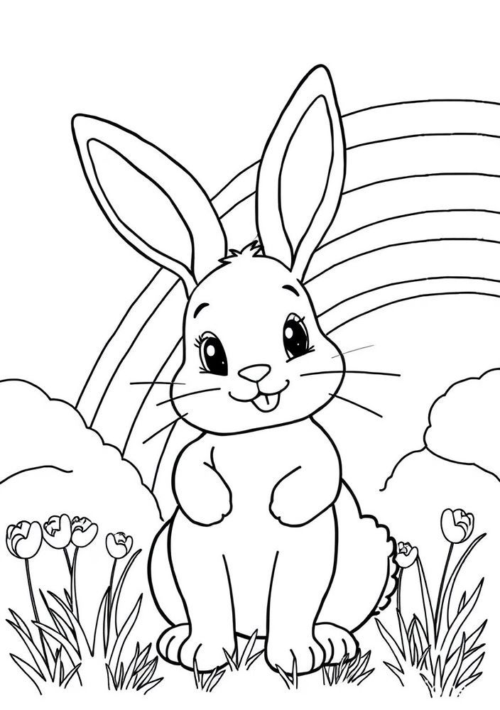 Desenho de Coelho e Arco-íris para Colorir