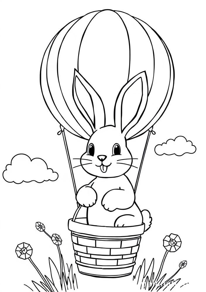 Desenho de Coelho em um Balão de Ar Quente para Colorir