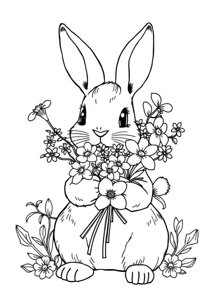 Desenho de Coelho levando flores para colorir