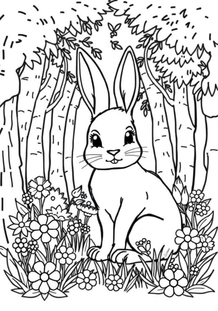 Desenho de Coelho na Floresta com Flores para Colorir