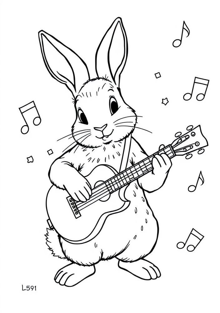 Desenho de Coelho tocando violão para colorir