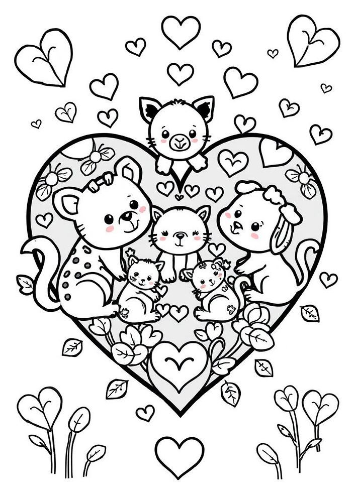 Desenho de Coração com Animais Fofos para colorir