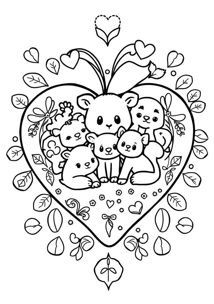 Desenho de Coração com Animais para colorir