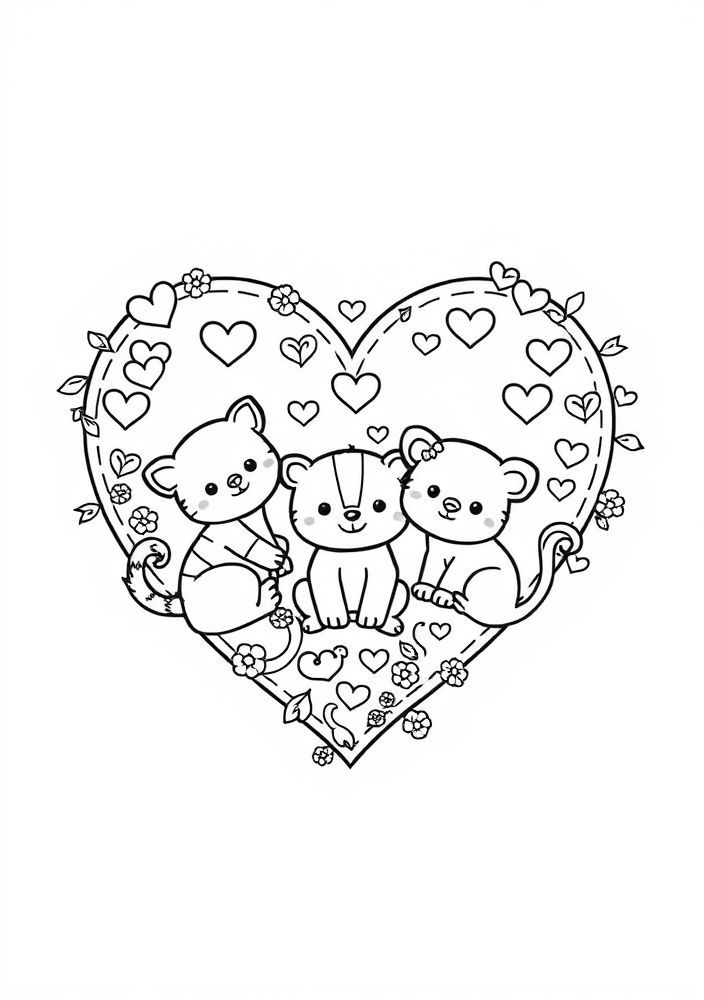 Desenho de Coração com Animais para colorir